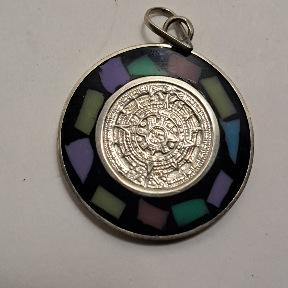 Vintage Aztec Mayan Calendar Inlay Pendant